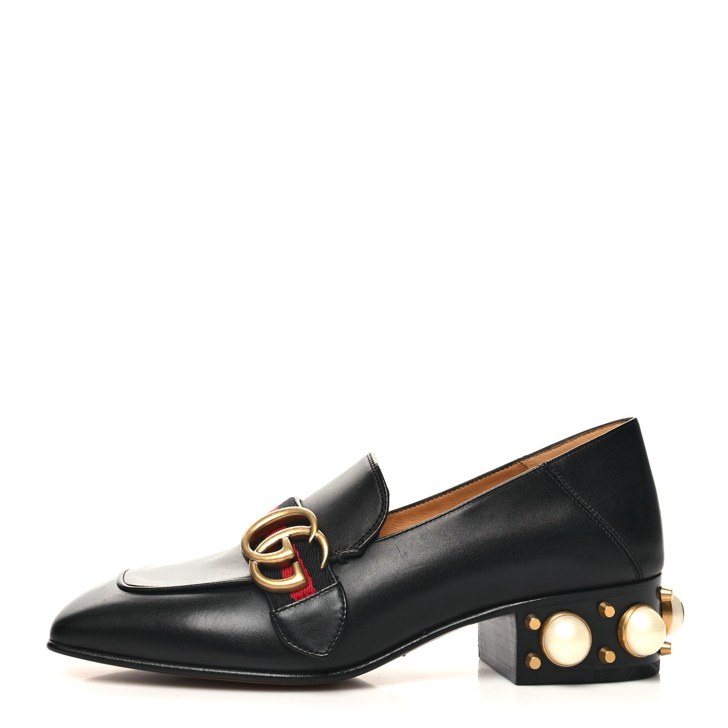 Betis Glamour Calfskin Web Pearl Embellished Peyton 35mm Loafer Pumps 36 Black