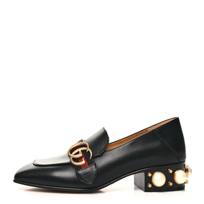 Gucci Betis Glamour Calfskin Web Pearl Embellished Peyton 35mm Loafer Pumps 36 Black 1 of 9