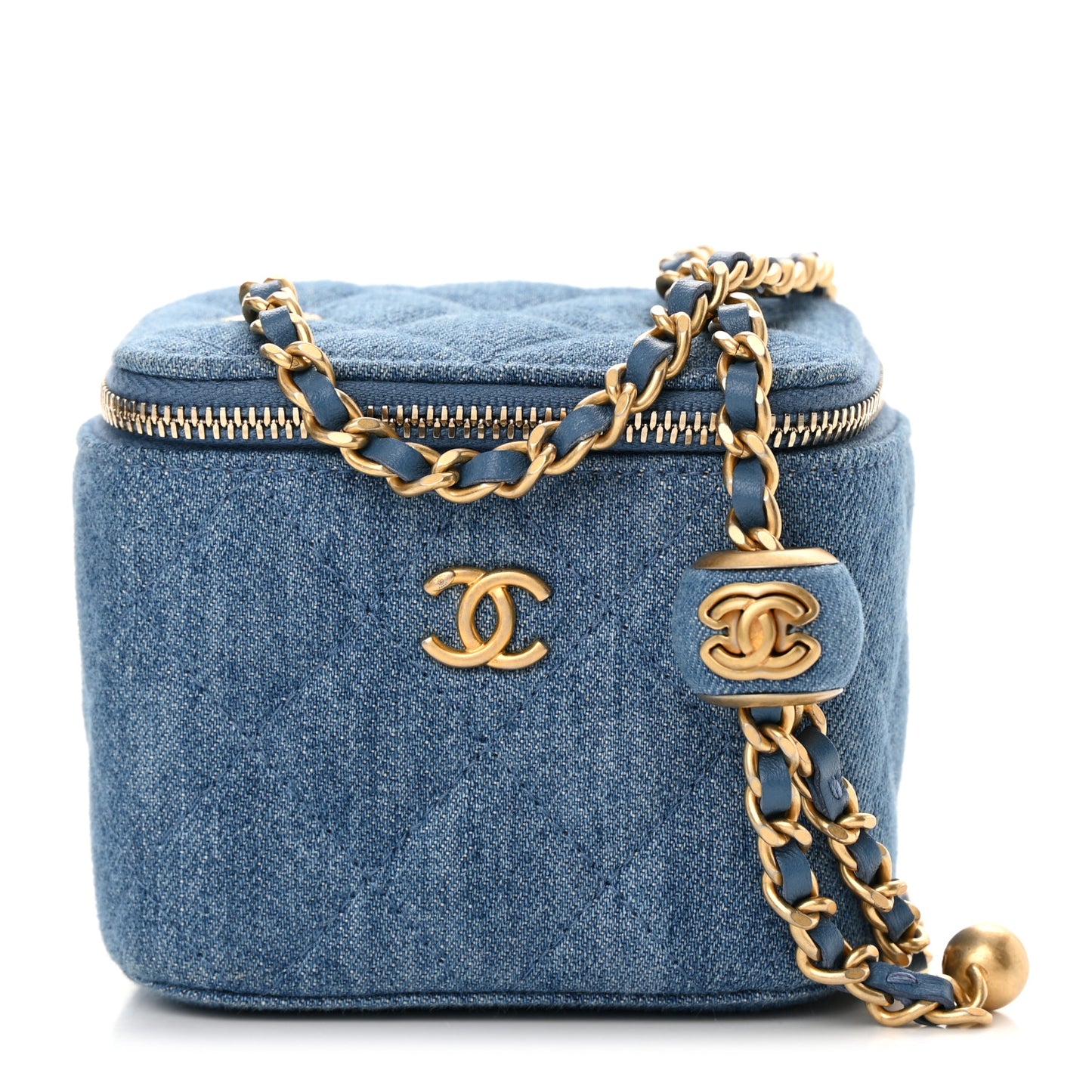 Denim Quilted Mini Pearl Crush Vanity Case With Chain