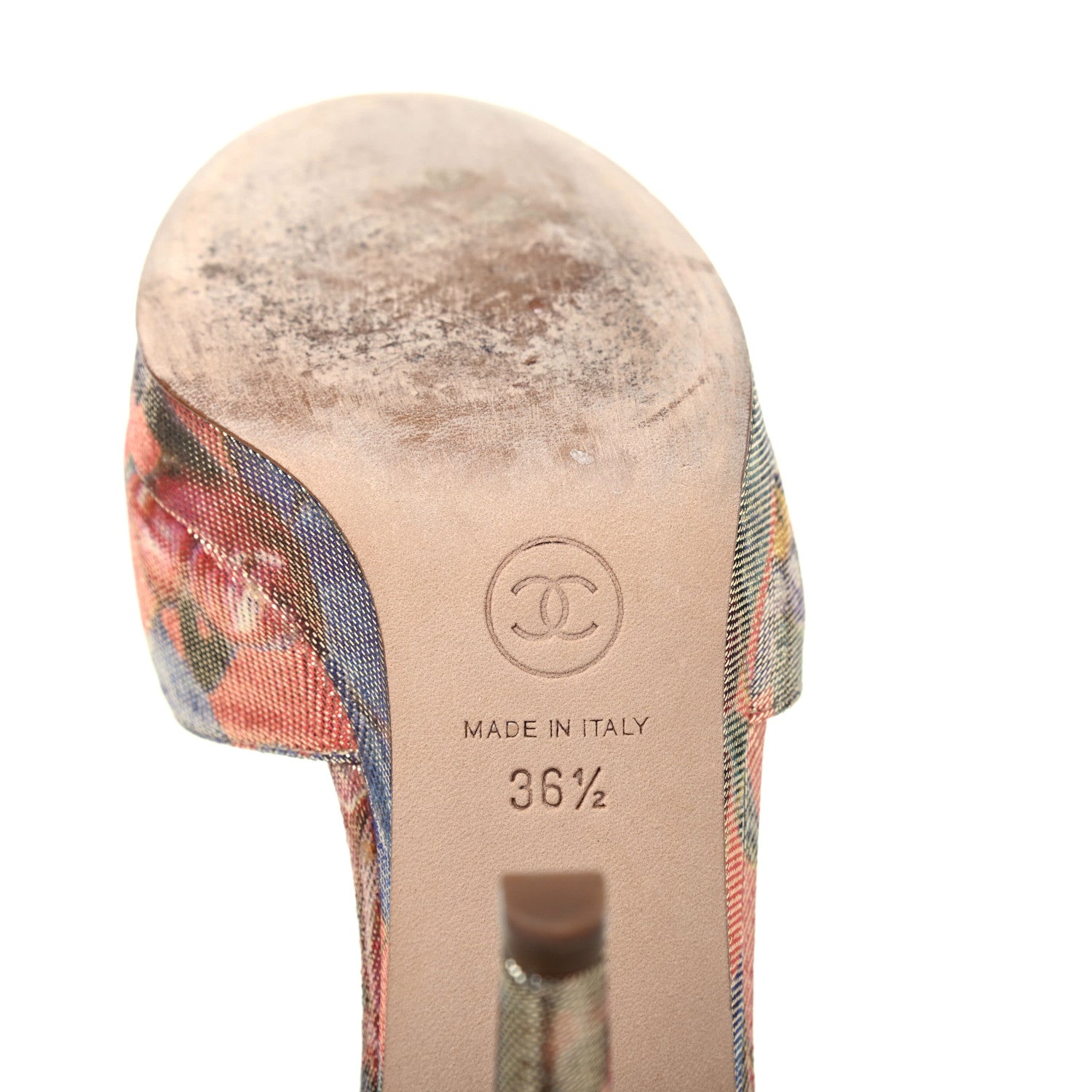 Chanel Crepe Calfskin Floral Printed Metallic Calfskin Cap Toe CC Ankle Strap Pumps 36.5 Coral Gold 6 of 13