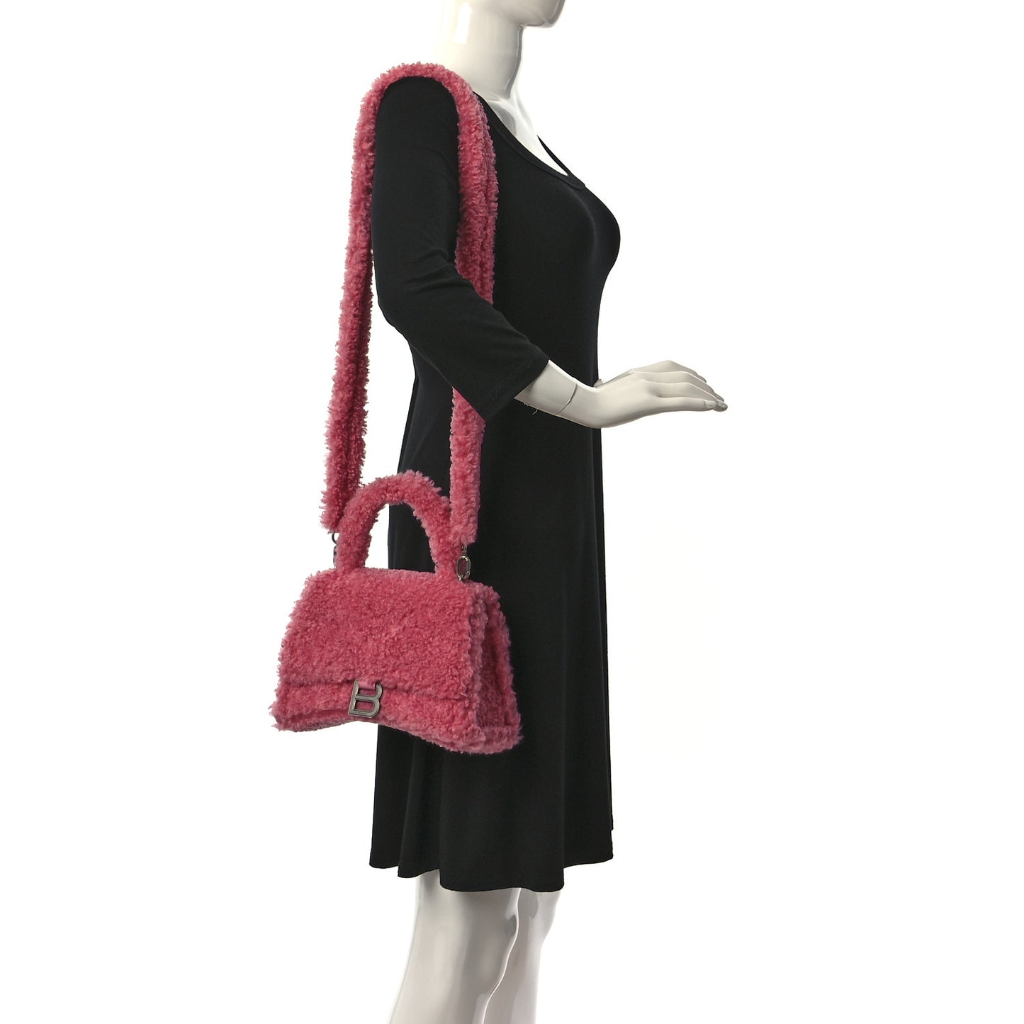 Curly Faux Shearling Small Hourglass Top Handle Bag Sweet Pink