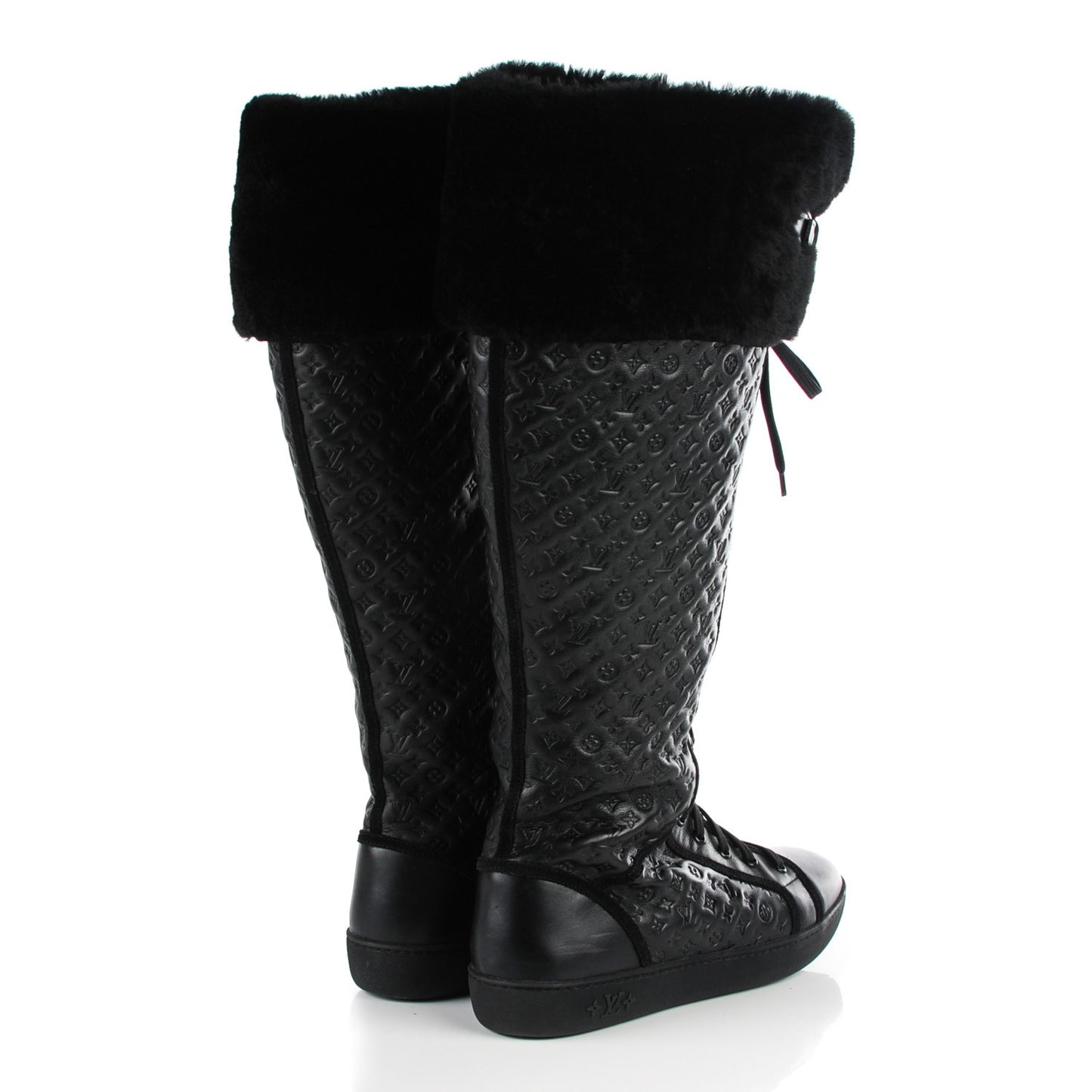 Calfskin Embossed Lamb Fur Polka Tall Boots 41 Black