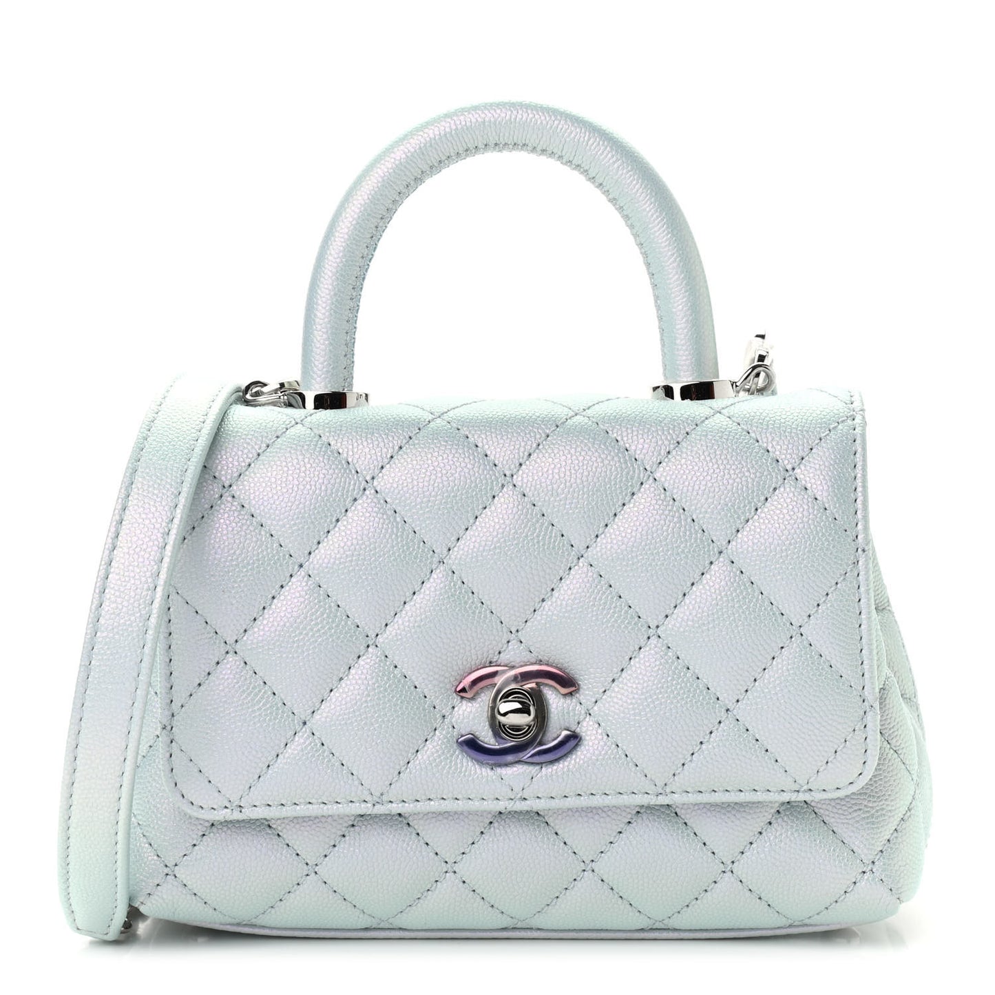 Iridescent Caviar Quilted Extra Mini Coco Handle Flap Light Blue