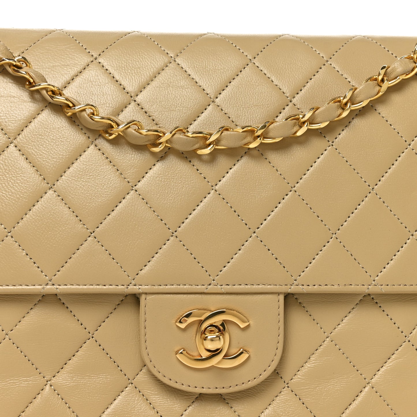 Lambskin Quilted Medium Double Flap Beige