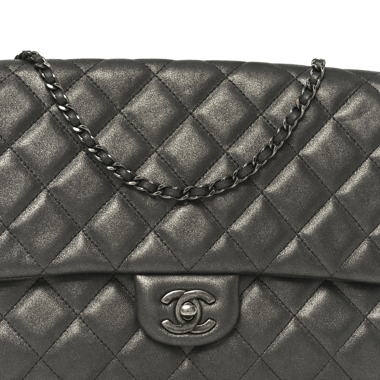 Metallic Lambskin Quilted Clutch With Chain Flap Dark Grey