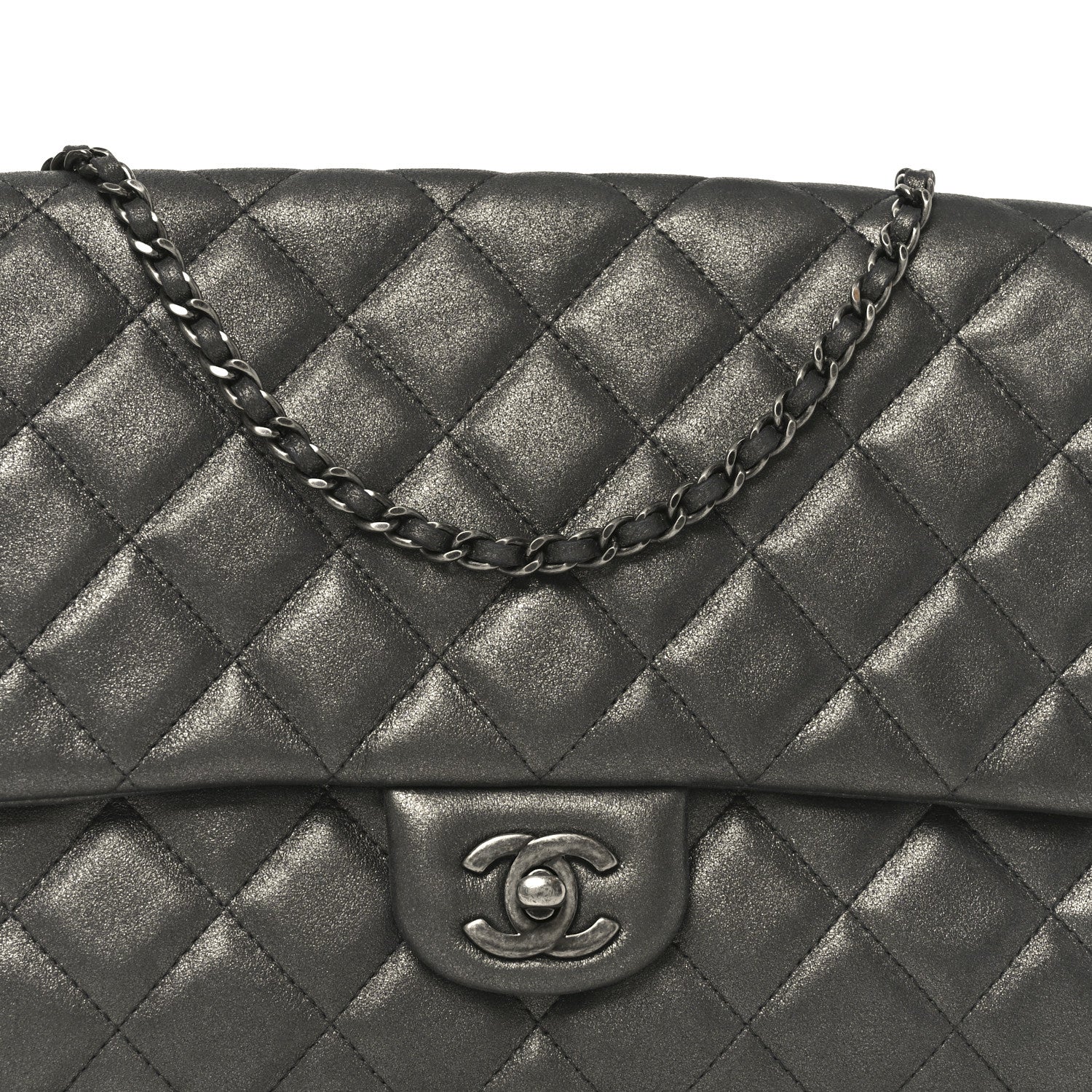 Chanel Metallic Lambskin Quilted Clutch With Chain Flap Dark Grey 8 of 10
