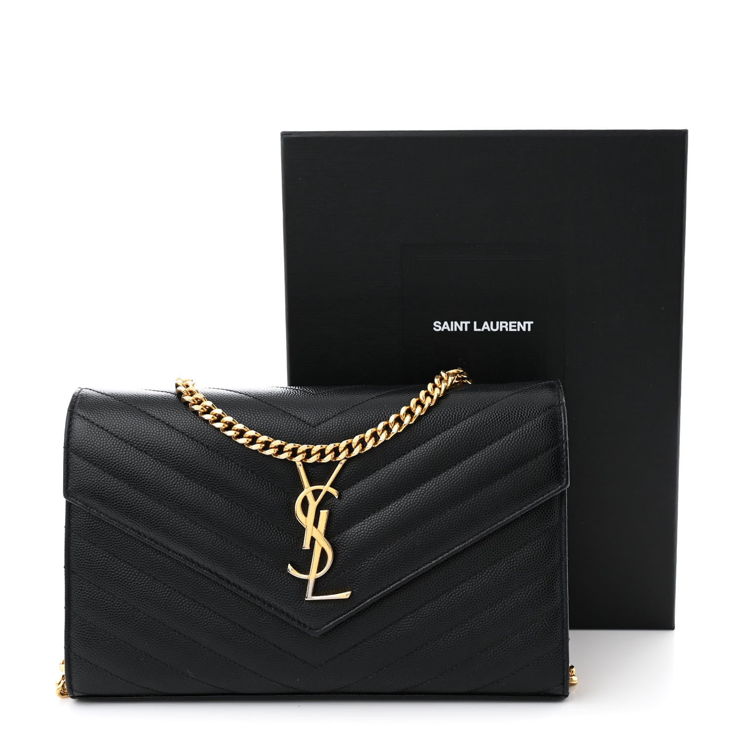 Saint Laurent Grain De Poudre Matelasse Chevron Monogram Chain Wallet Black 13 of 13