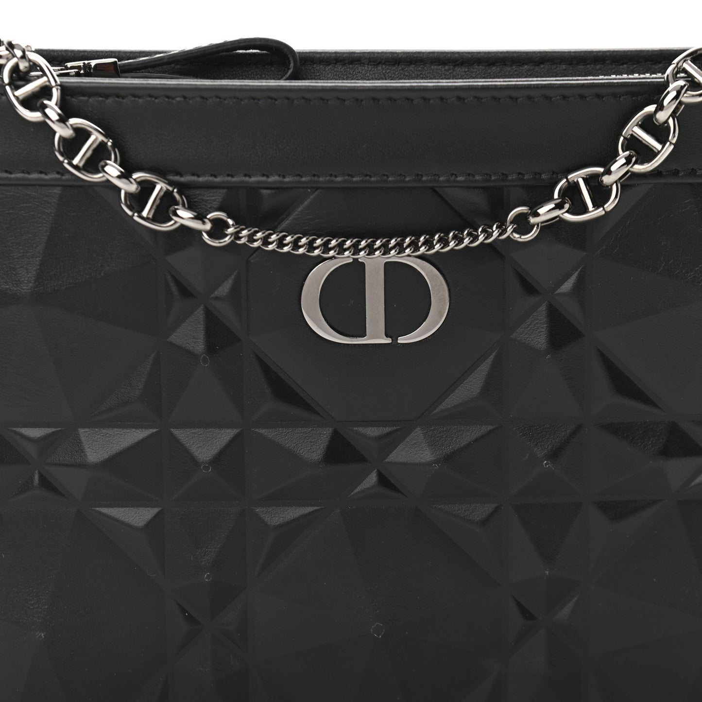 Calfskin Macrocannage Diamond Caro Zipped Pouch With Chain Black