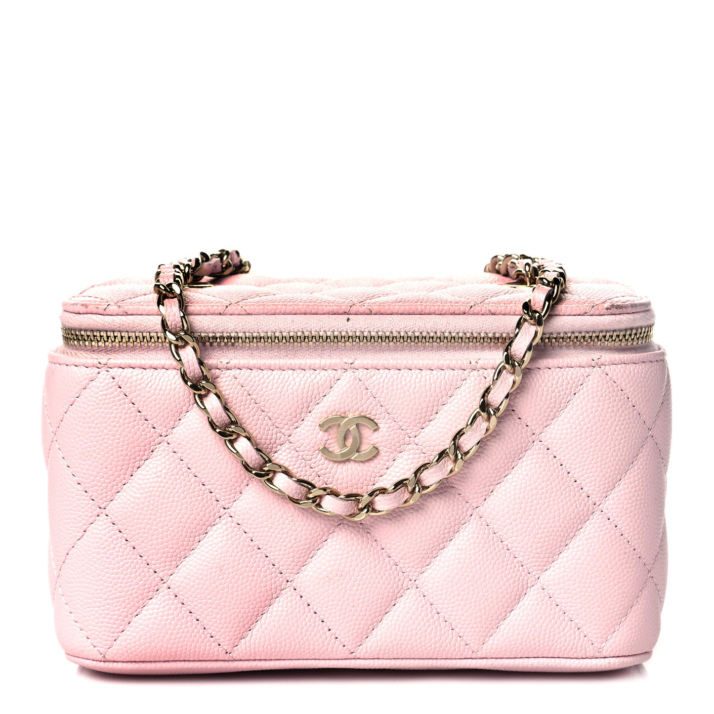 Caviar Quilted Small Vanity Case With Chain Light Pink