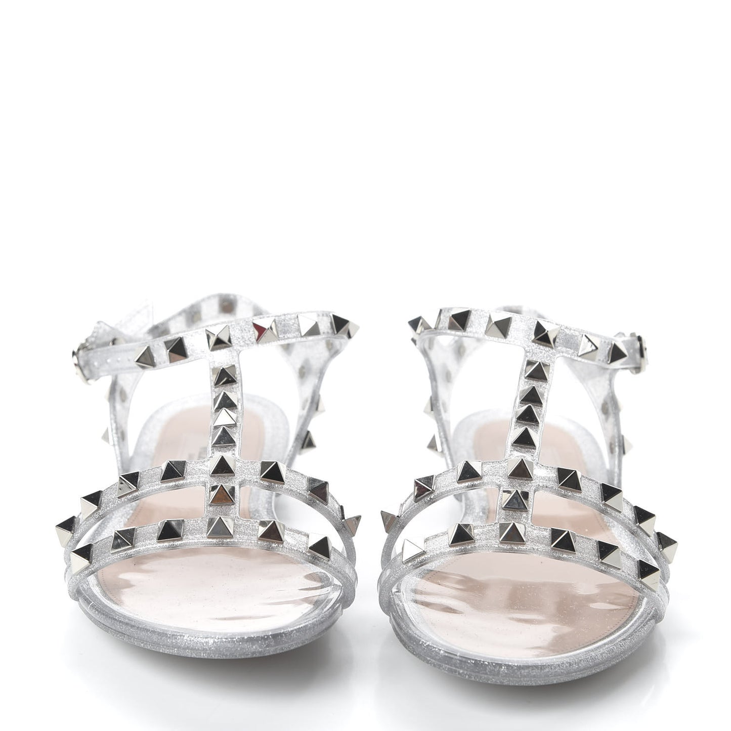 PVC Jelly Glitter Rockstud T-Strap Slingback Flat Sandals 35 Silver