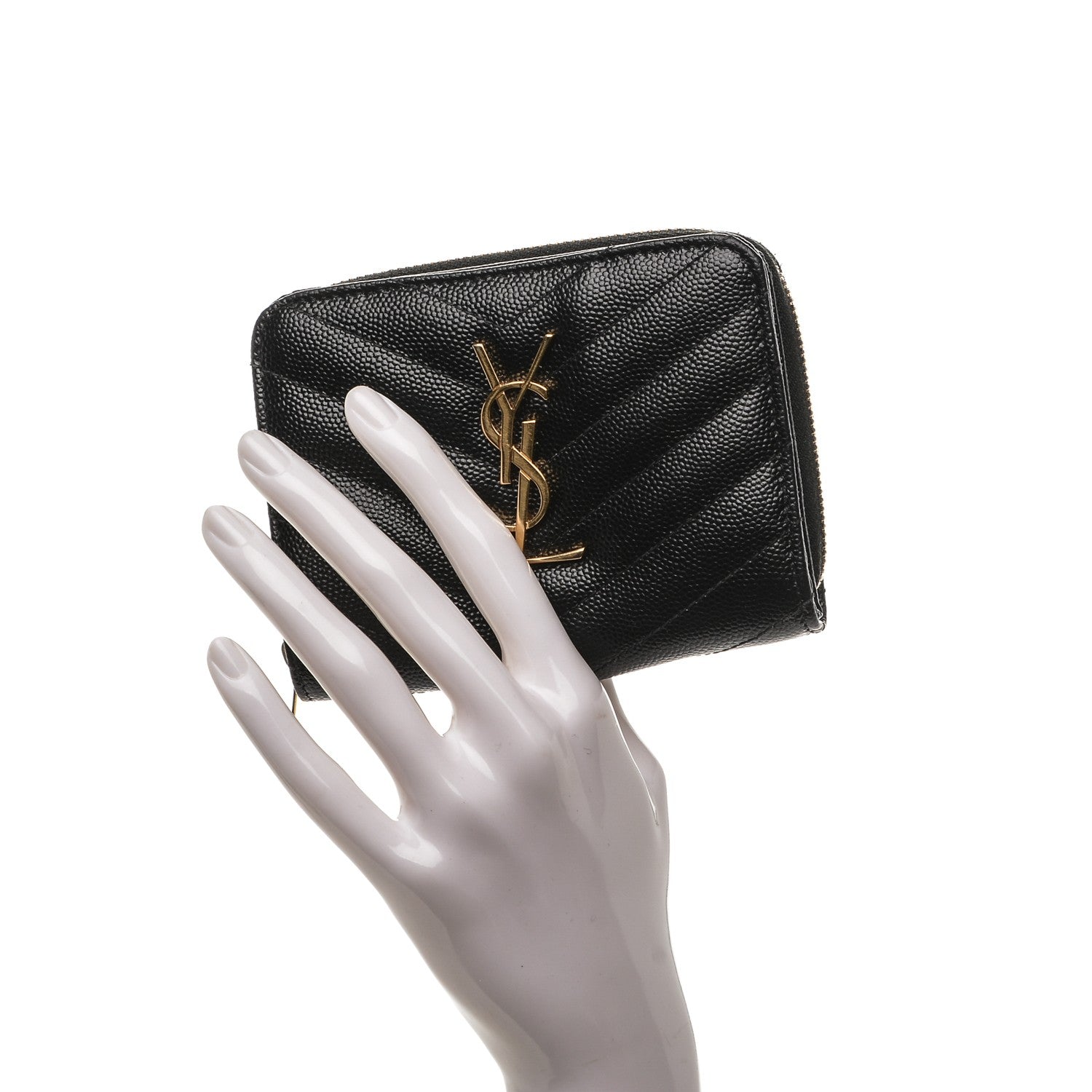 Saint Laurent Grain De Poudre Matelasse Chevron Monogram Compact Zip Around Wallet Black 2 of 7