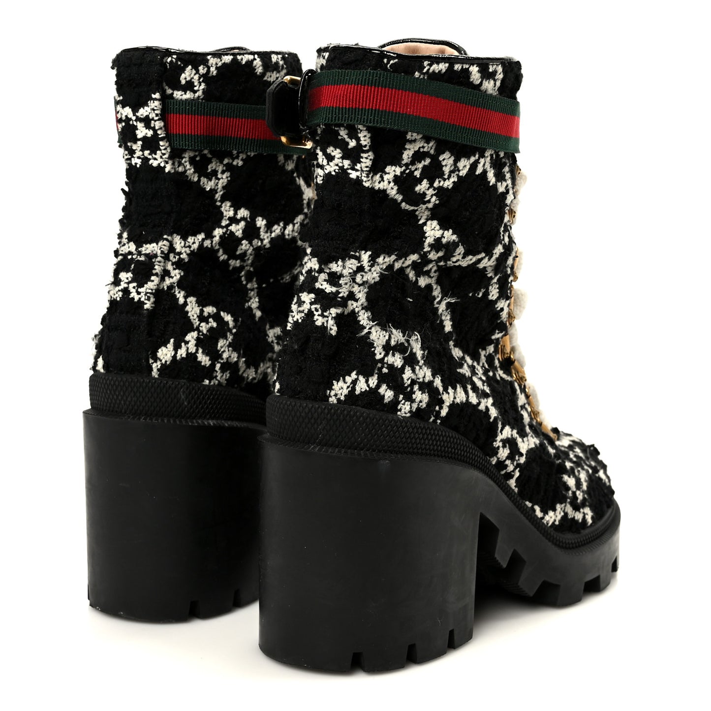 Tweed GG Monogram Lace Up Combat Ankle Boots 38 Black