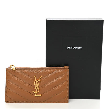 Saint Laurent Grain De Poudre Matelasse Chevron Monogram Fragments Zippered Card Case Cork 9 of 9