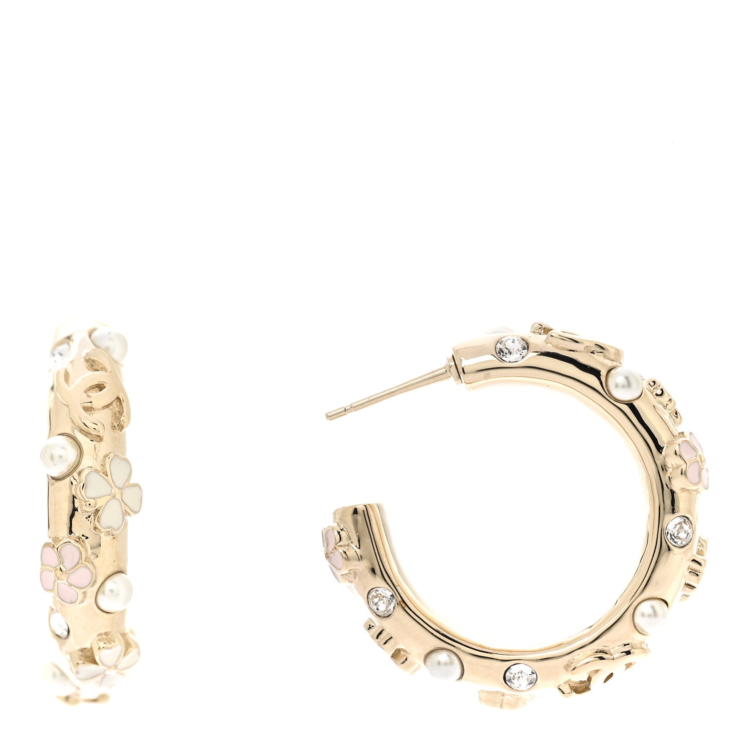 Chanel Pearl Crystal Enamel Camellia CC Hoop Earrings Gold 1 of 5