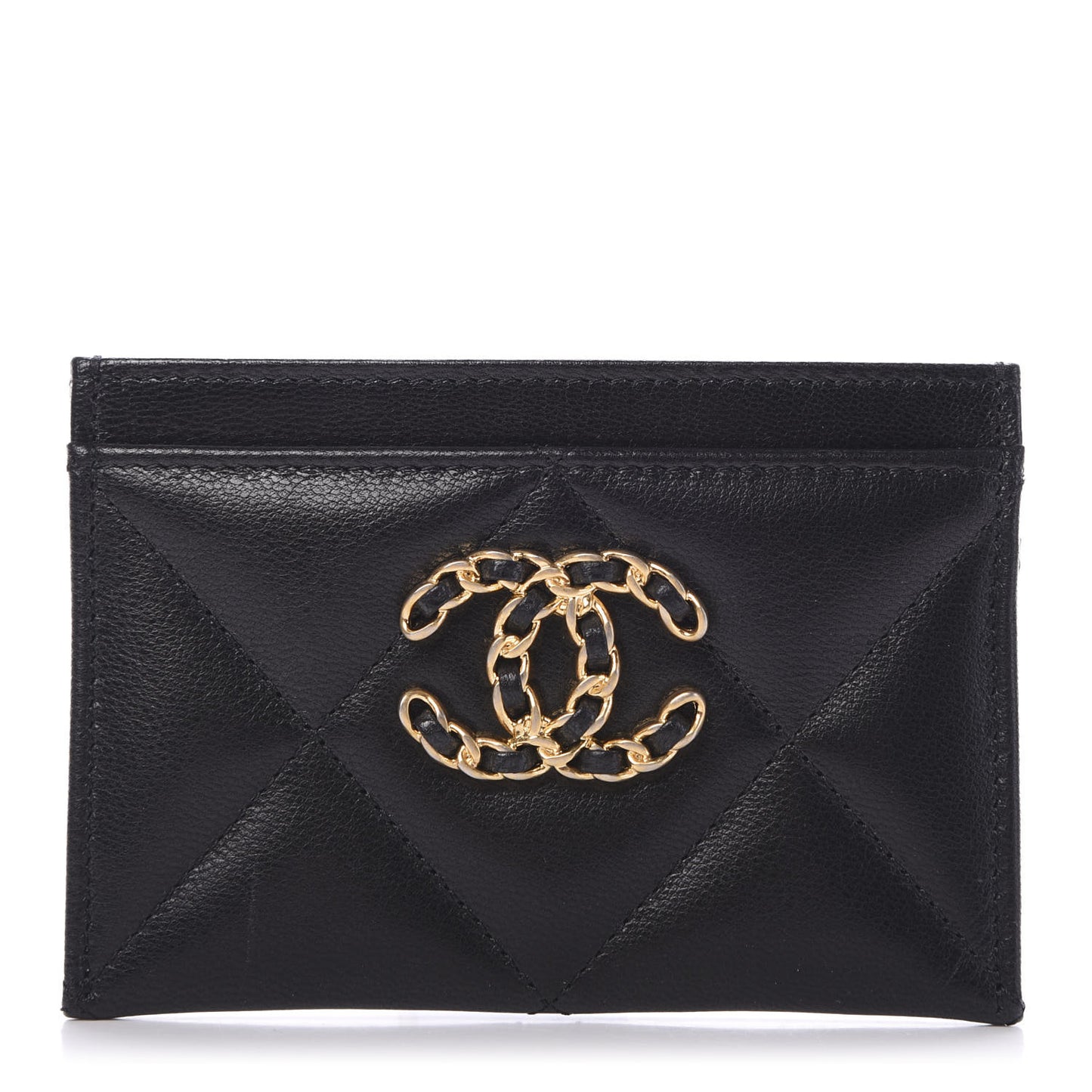 Shiny Goatskin Quilted Chanel 19 Card Holder Black