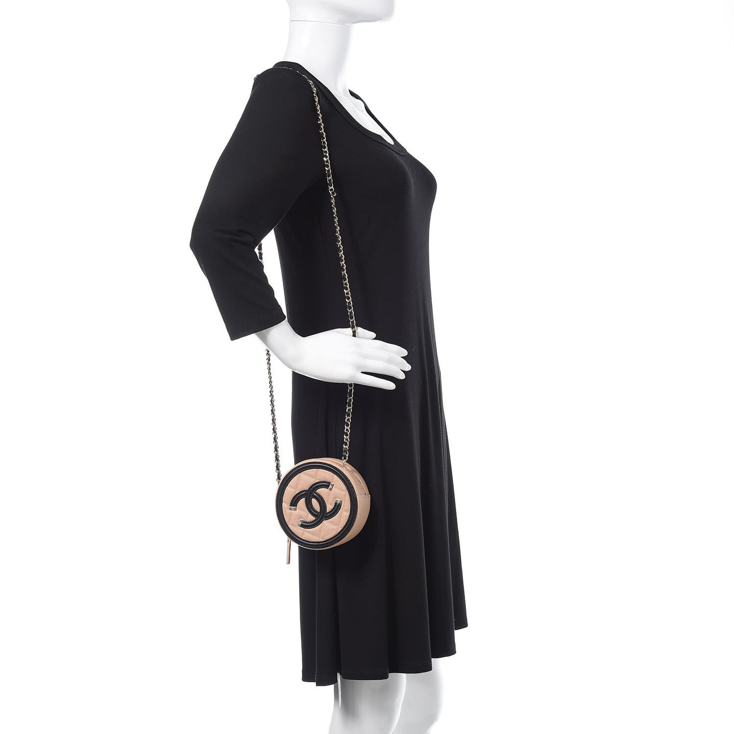 Caviar Quilted Round Filigree Crossbody Beige Black