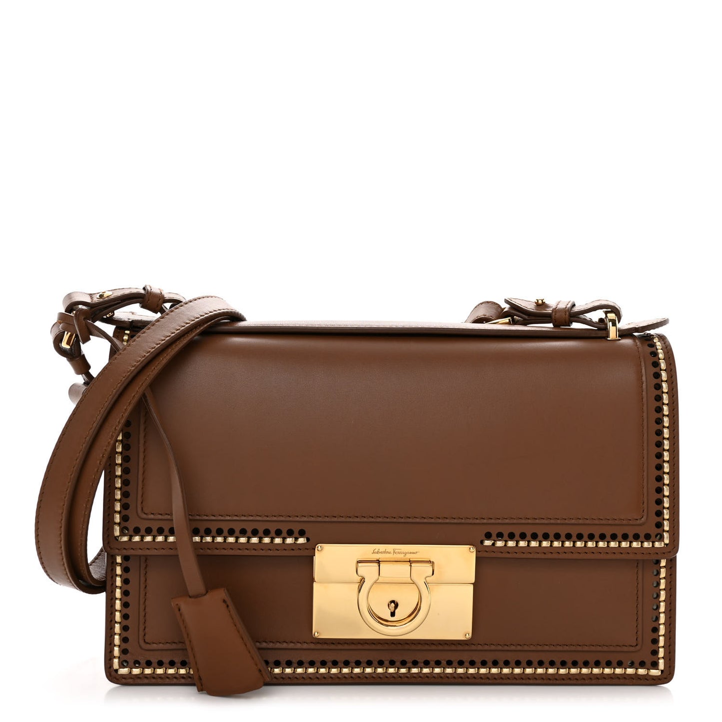 Smooth Calfskin Stitched Aileen Gancio Lock Shoulder Bag Brown