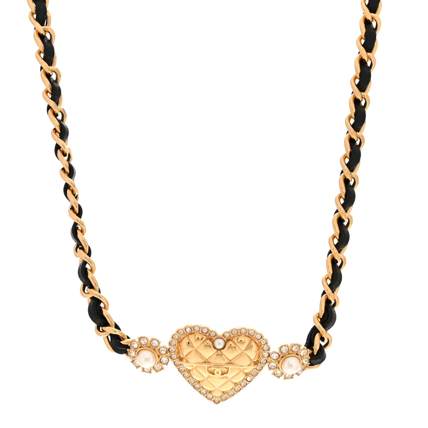 Chanel Metal Lambskin Glass Pearl Strass Heart Choker Gold Black 1 of 6