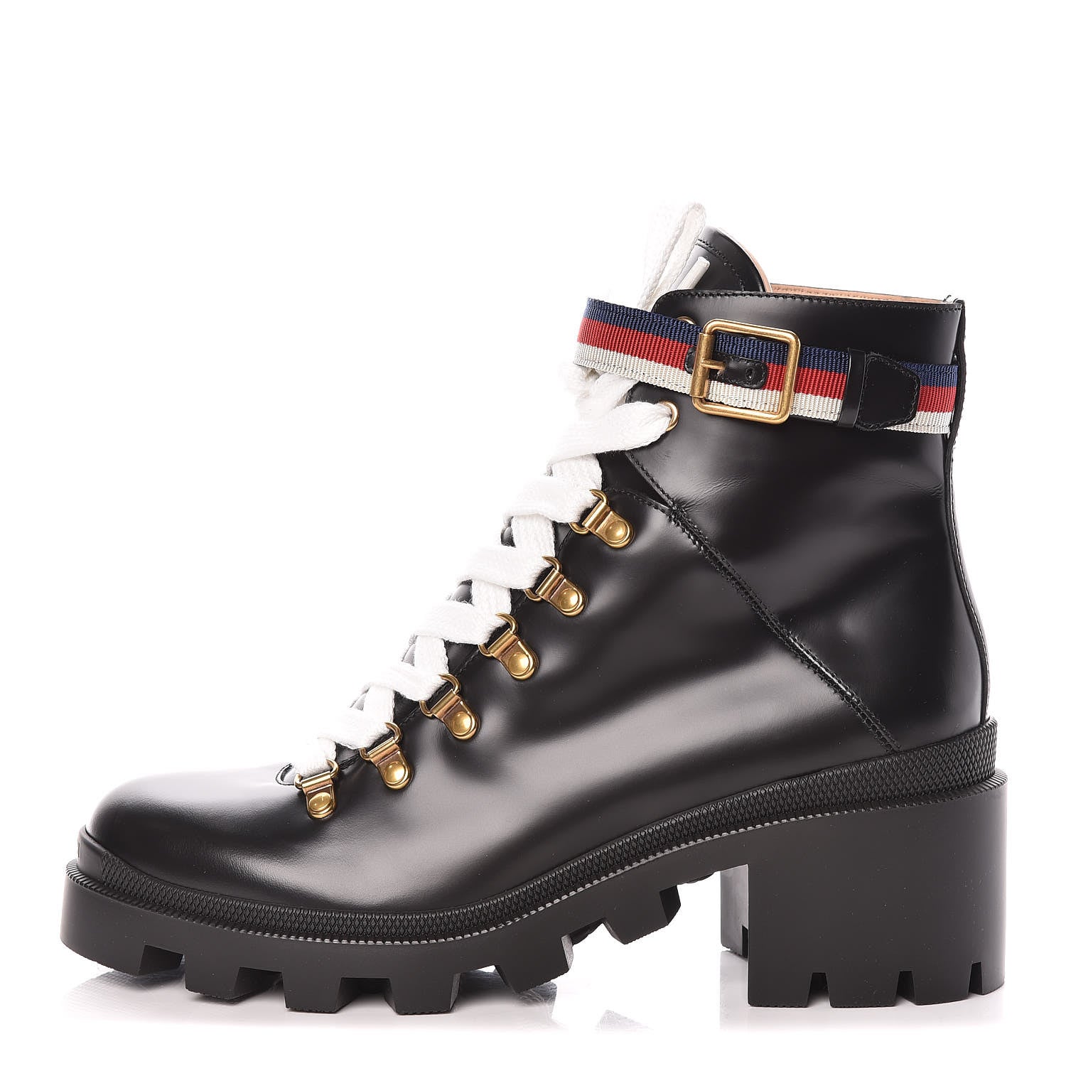 Gucci Calfskin Sylvie Web Lace Up Combat Boots 40 Black 1 of 11