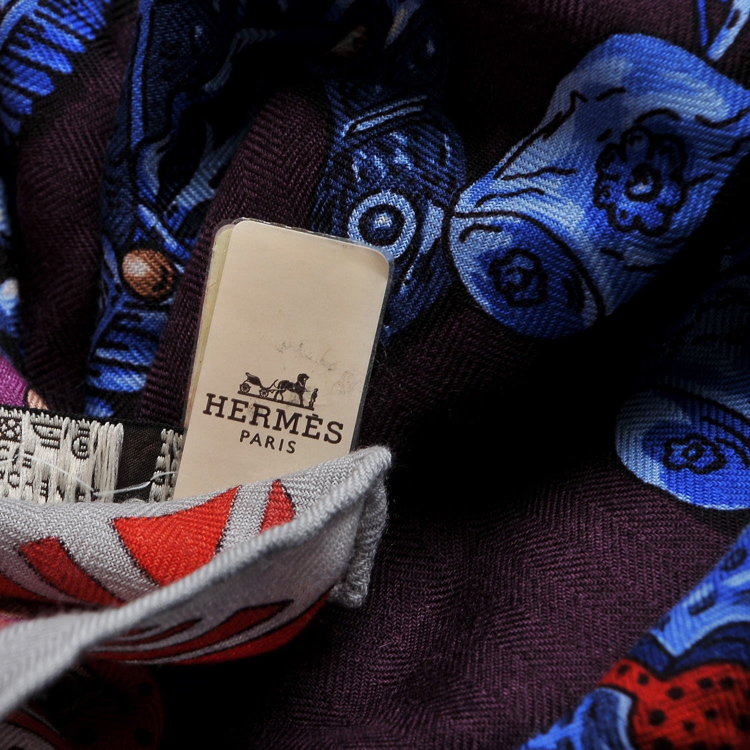 Hermes Cashmere Silk Zenobie Reine De Palmyre Shawl 140 Aubergine Bleu Dur Rouge 9 of 10
