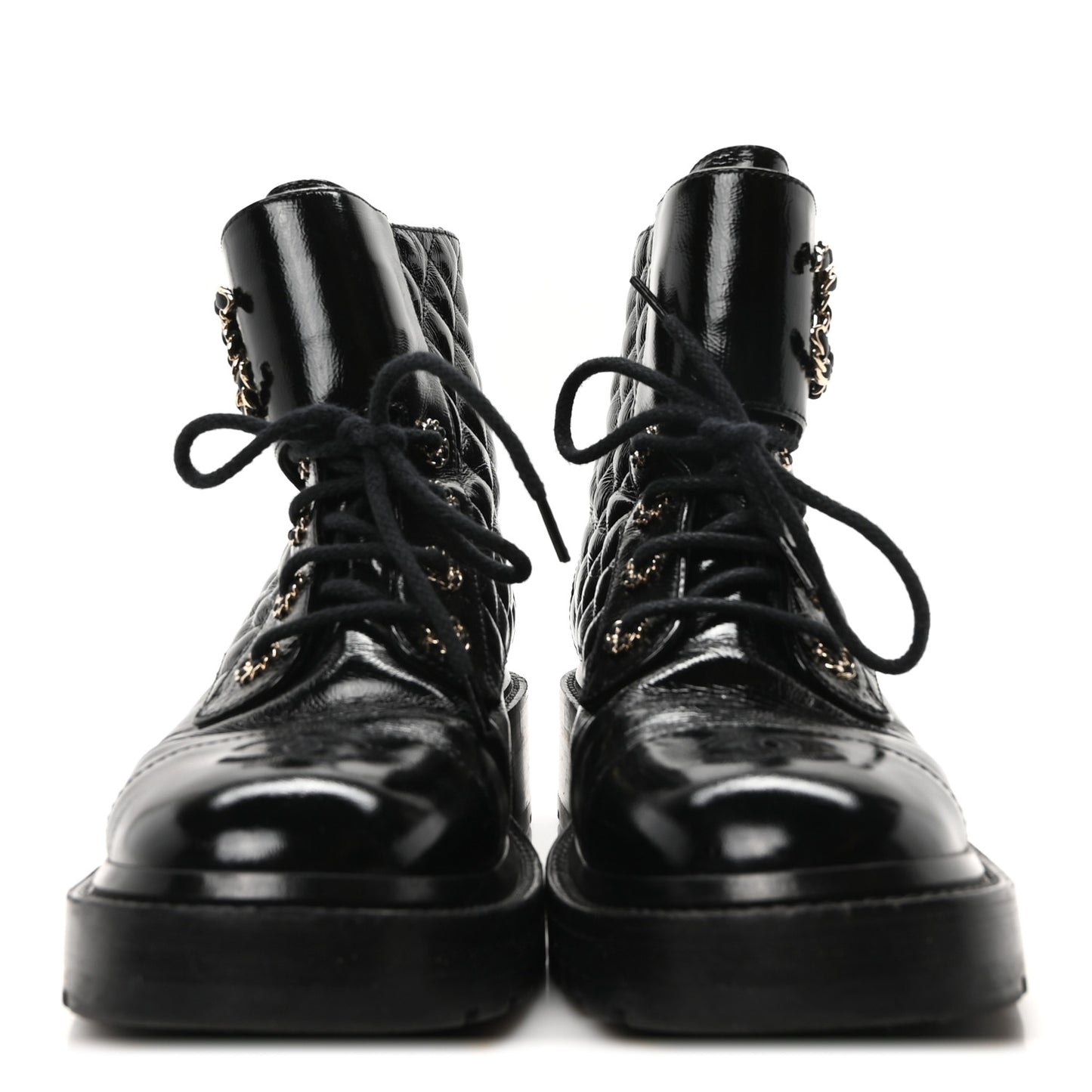 Shiny Calfskin Quilted Lace Up Combat Boots 39 Black