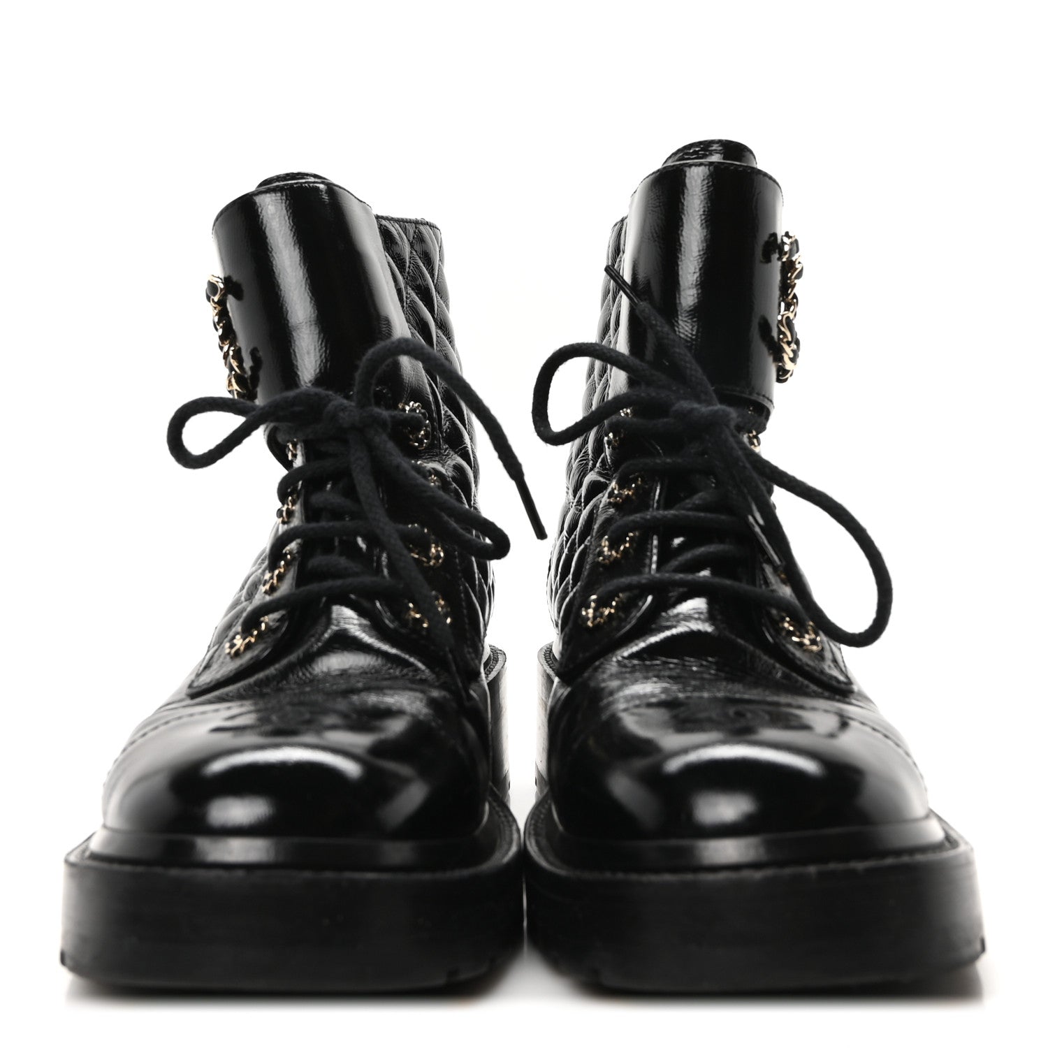 Chanel Shiny Calfskin Quilted Lace Up Combat Boots 39 Black 3 of 9