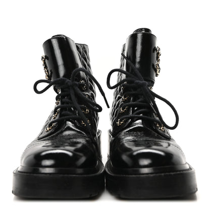 Chanel Shiny Calfskin Quilted Lace Up Combat Boots 39 Black 3 of 9