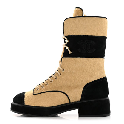 Chanel Suede Pony Hair Shearling Lace Up Combat Boots 40 Beige Black 1 of 15