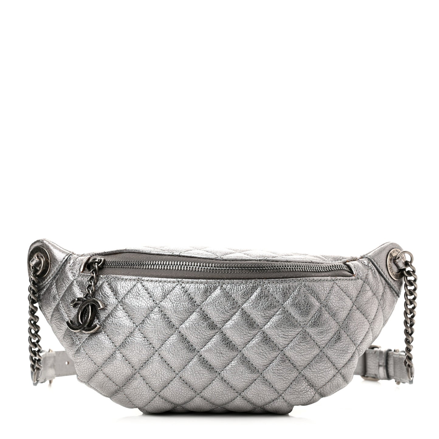 Metallic Calfskin Quilted Banane Waist Bag Fanny Pack Silver