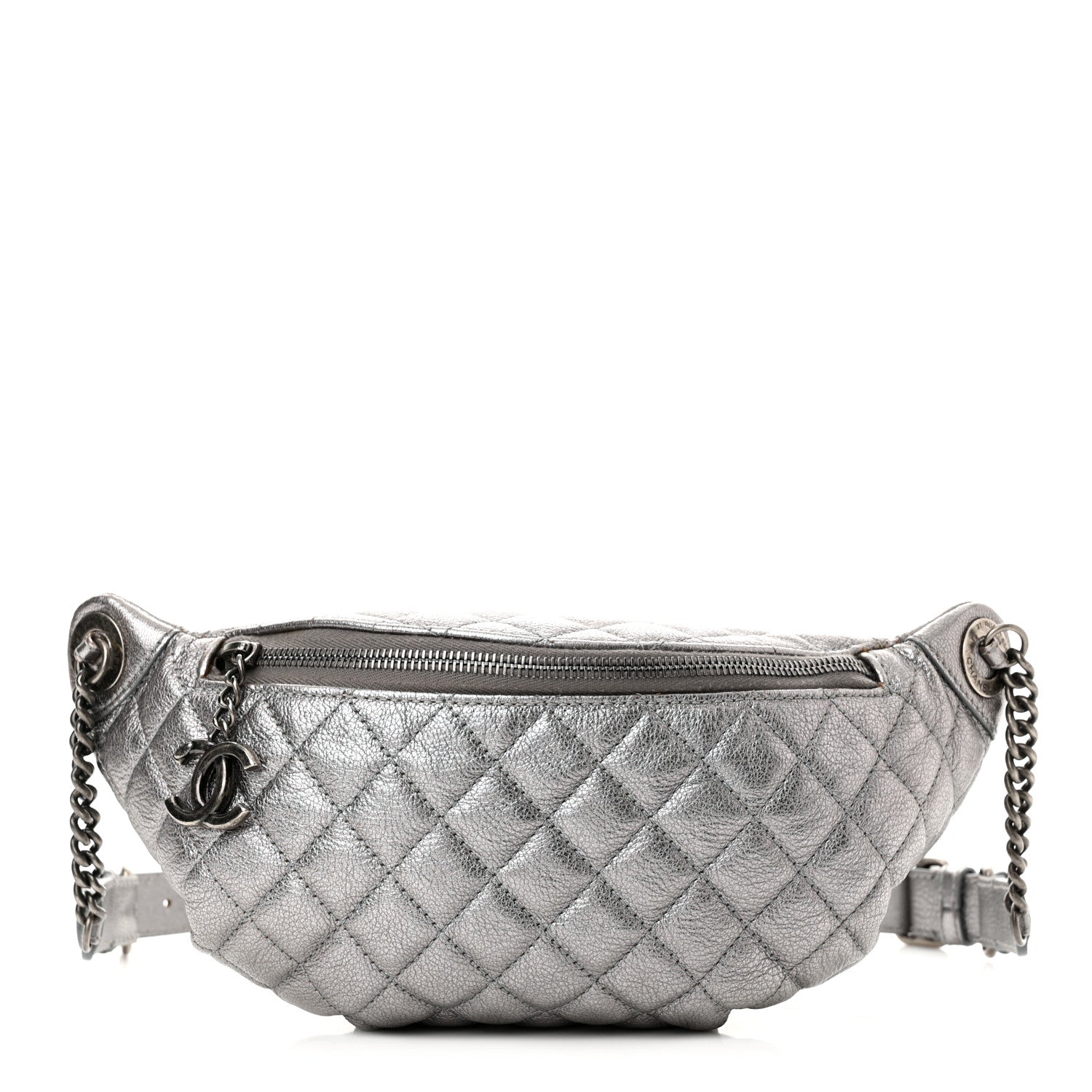 Chanel Metallic Calfskin Quilted Banane Waist Bag Fanny Pack Silver 1 of 12