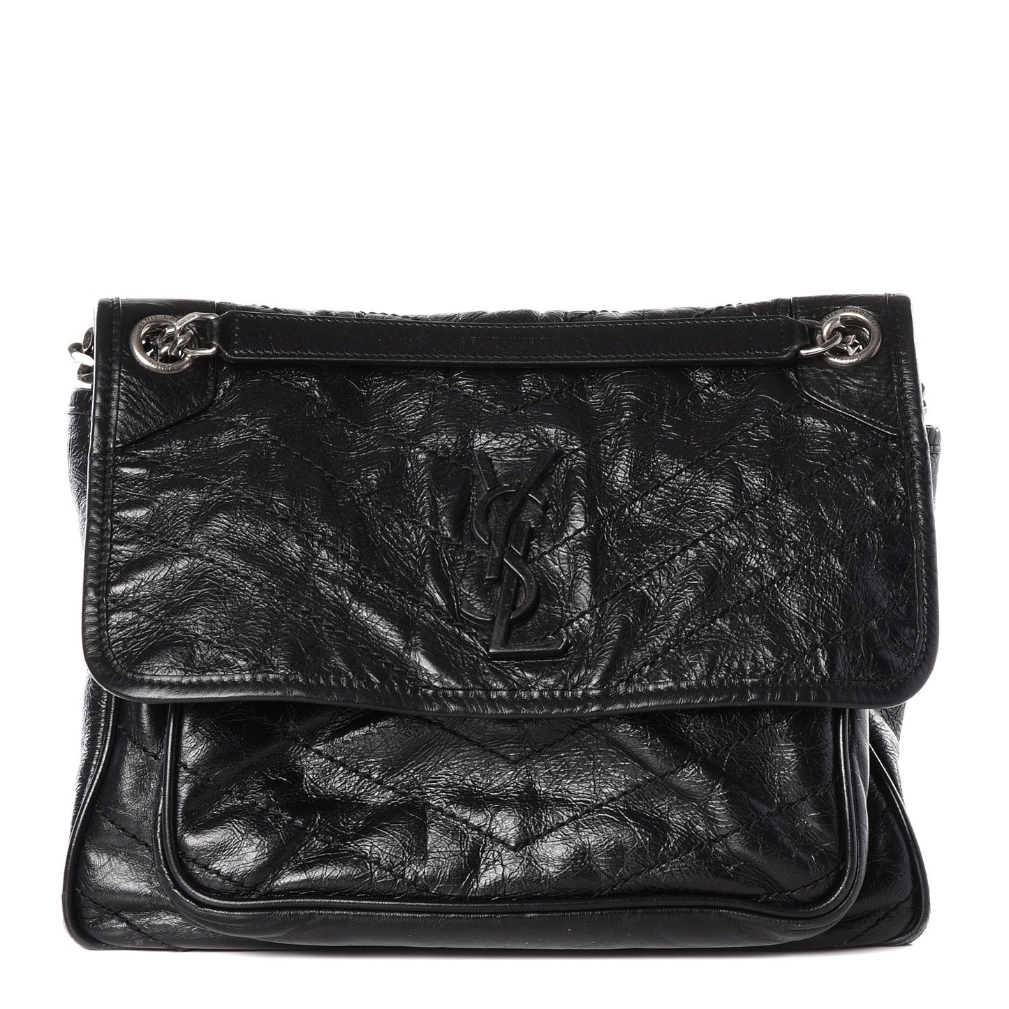 Crinkled Calfskin Matelasse Monogram Medium Niki Chain Satchel Black