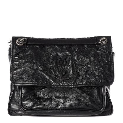 Saint Laurent Crinkled Calfskin Matelasse Monogram Medium Niki Chain Satchel Black 1 of 10