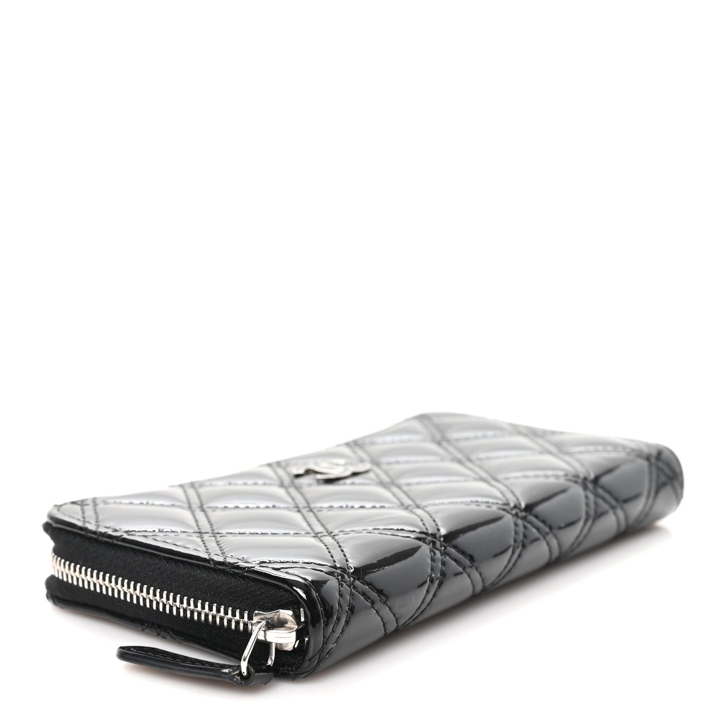 Chanel Patent Quilted Double Stitched Zip Around Wallet Black