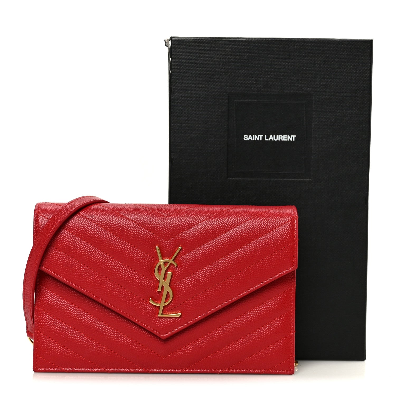 Saint Laurent Grain De Poudre Matelasse Chevron Monogram Envelope Chain Wallet  New Red 10 of 10