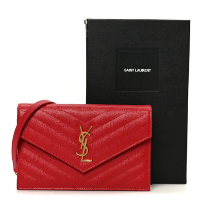 Saint Laurent Grain De Poudre Matelasse Chevron Monogram Envelope Chain Wallet  New Red 10 of 10