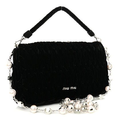 Miu Miu Velvet Matelasse Crystal Pearl Chain Shoulder Bag Black 2 of 10