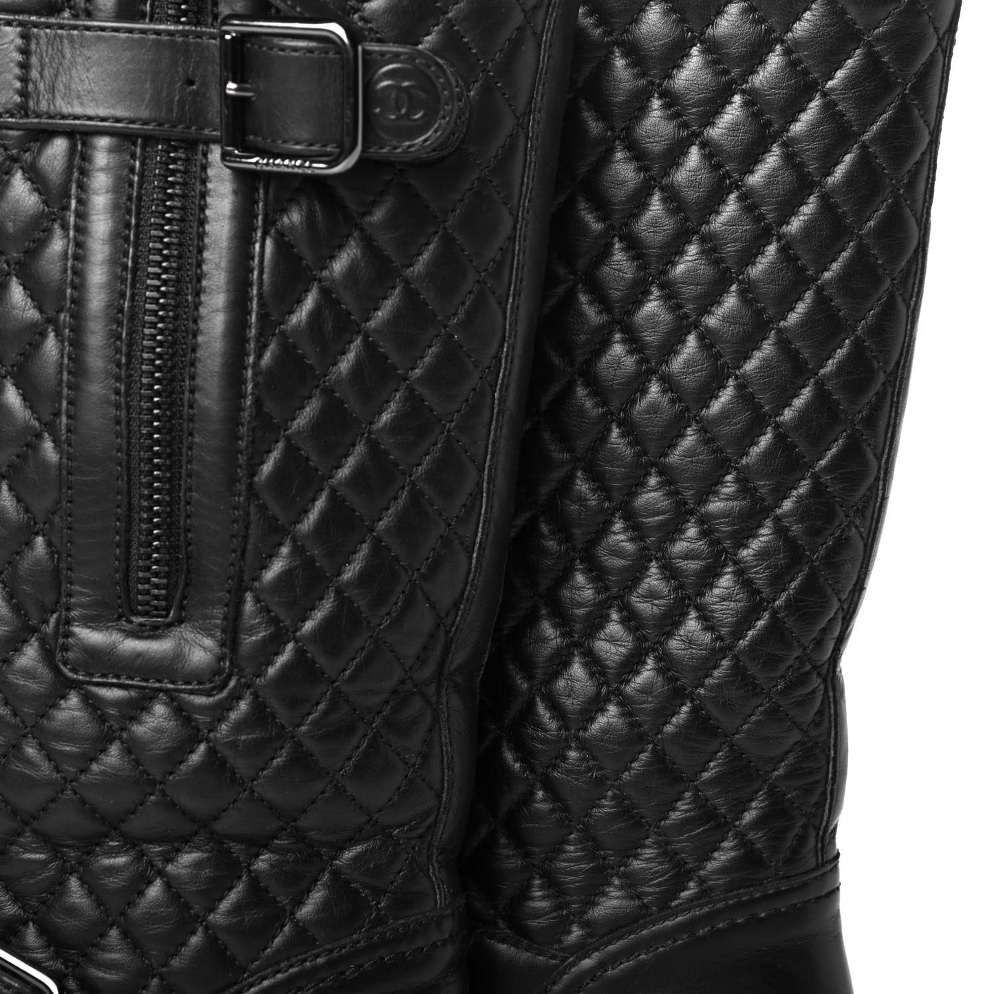 Calfskin Quilted Biker Boots 36.5 Black