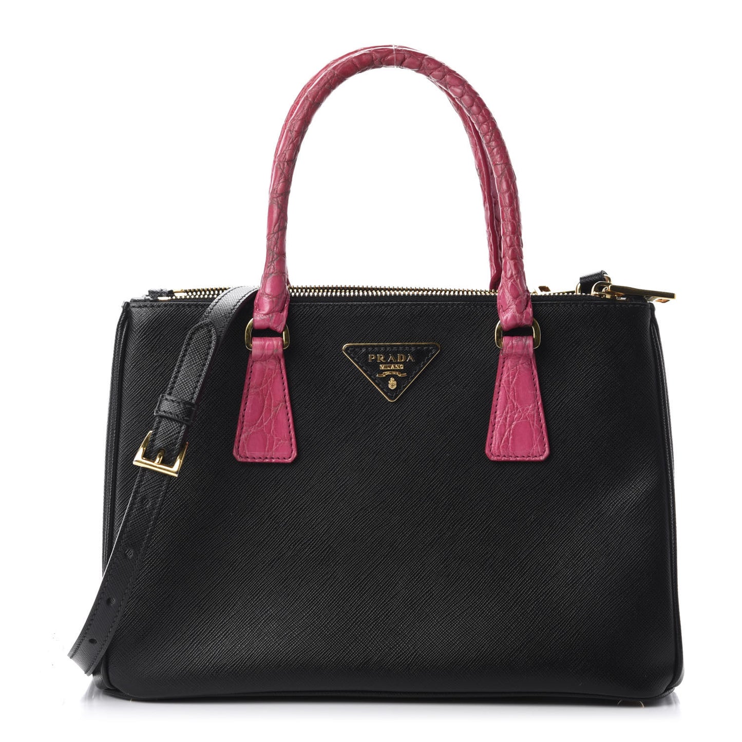 Saffiano Crocodile Small Galleria Double Zip Tote Black