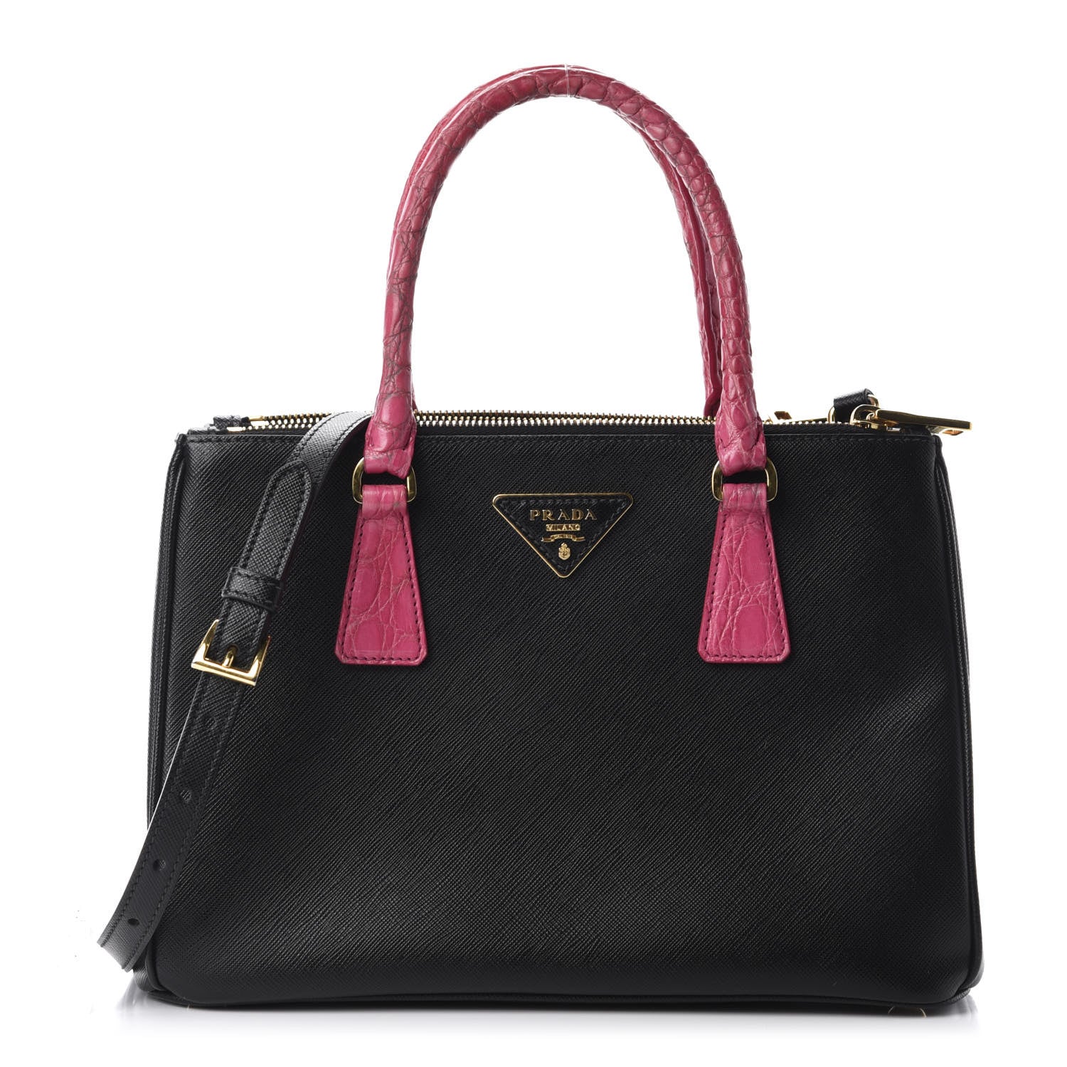 Prada Saffiano Crocodile Small Galleria Double Zip Tote Black 1 of 11