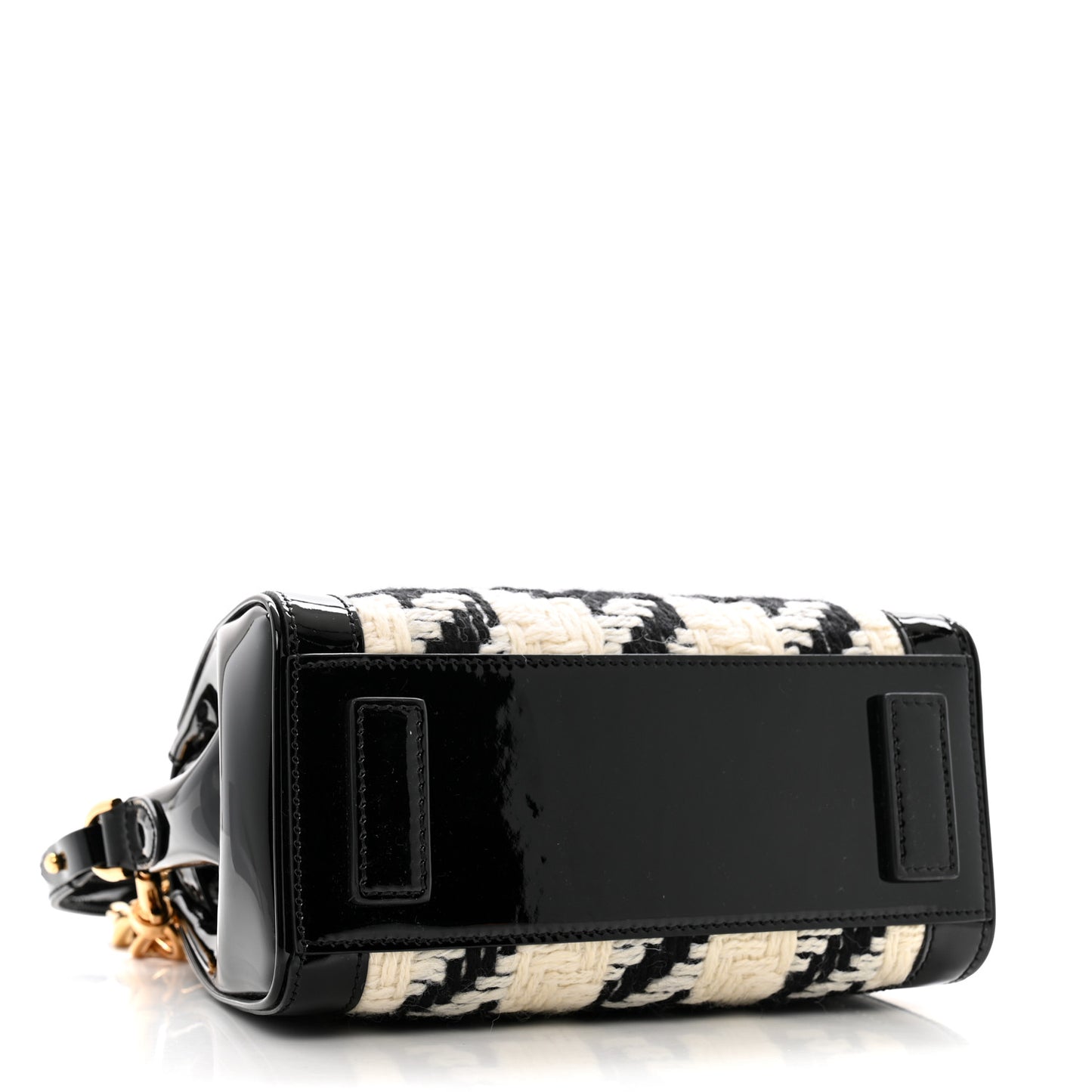 Patent Calfskin Tweed Houndstooth Medusa Small Top Handle Handbag Black White