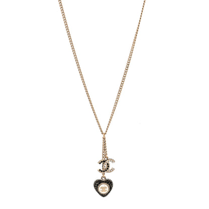Chanel Crystal CC Heart Necklace Black Pearly White Gold 1 of 5