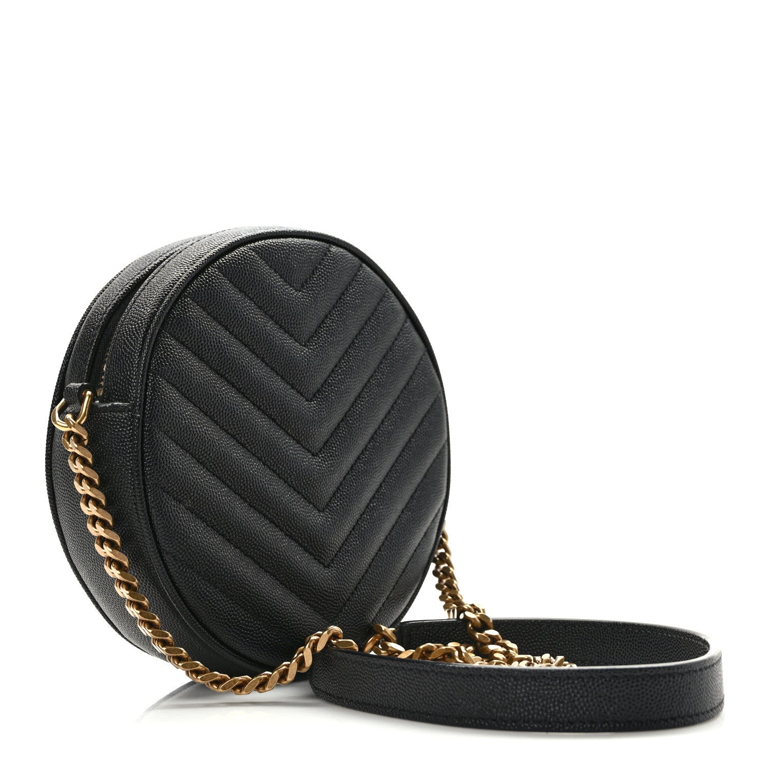 Saint Laurent Grain De Poudre Matelasse Chevron Quilted Round Vinyle Camera Bag Black 3 of 13