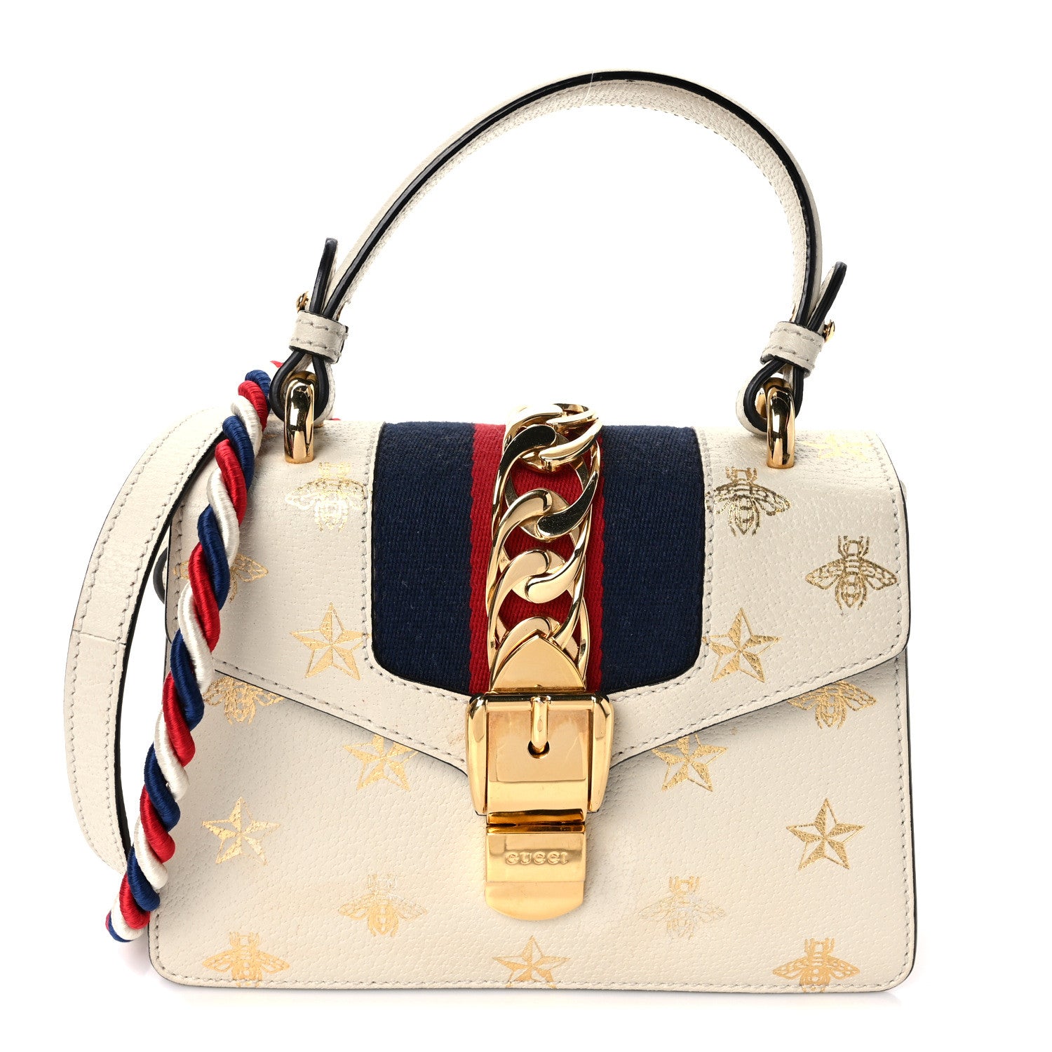 Gucci Textured Calfskin Bee Star Print Mini Sylvie Top Handle Bag Mystic White 1 of 10