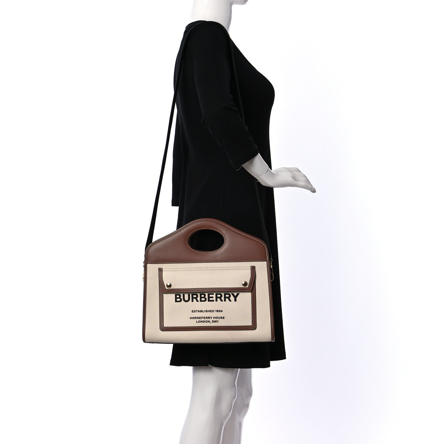 Burberry Canvas Smooth Calfskin Two Tone Small Pocket Bag Natural Malt Brown 2 of 16