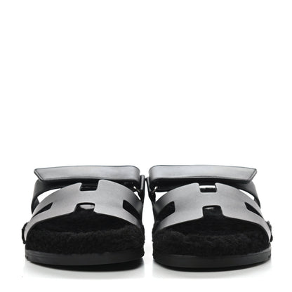 Hermes Calfskin Woolskin Womens Chypre Sandals 41 Black 2 of 10