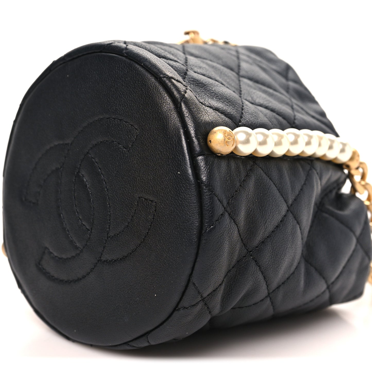Calfskin Quilted Pearl Mini About Pearls Drawstring Bucket Bag Black