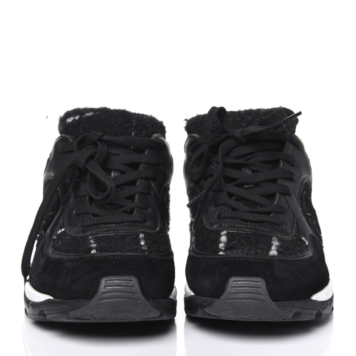 Chanel Tweed Suede Goatskin CC Sneakers 37 Black White 2 of 15