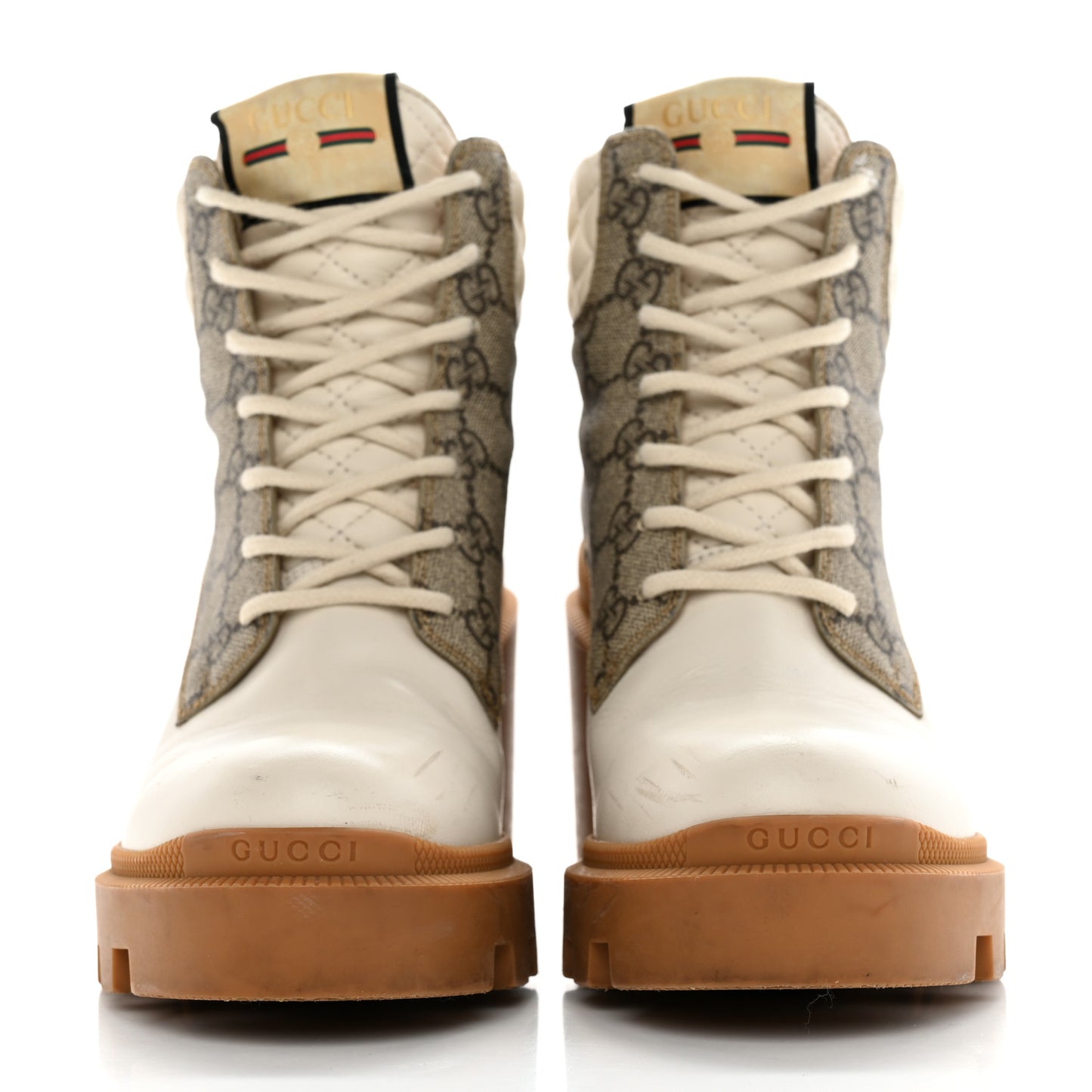Calfskin GG Supreme Monogram Nappa Quilted Lace Up Ankle Boots 37 Mystic White Beige