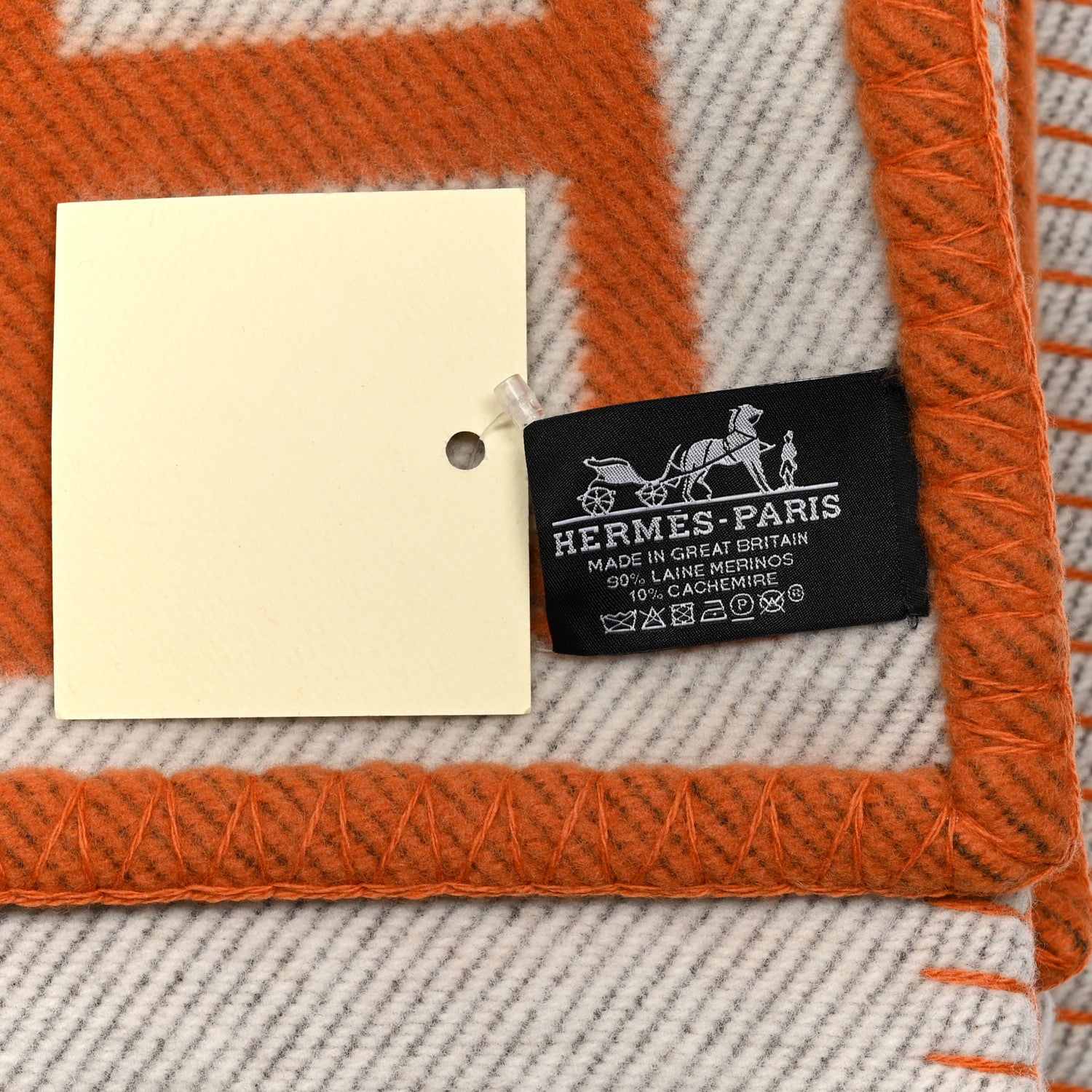 Hermes Wool Cashmere Signature Classic Avalon Blanket Ecru Potiron 3 of 3