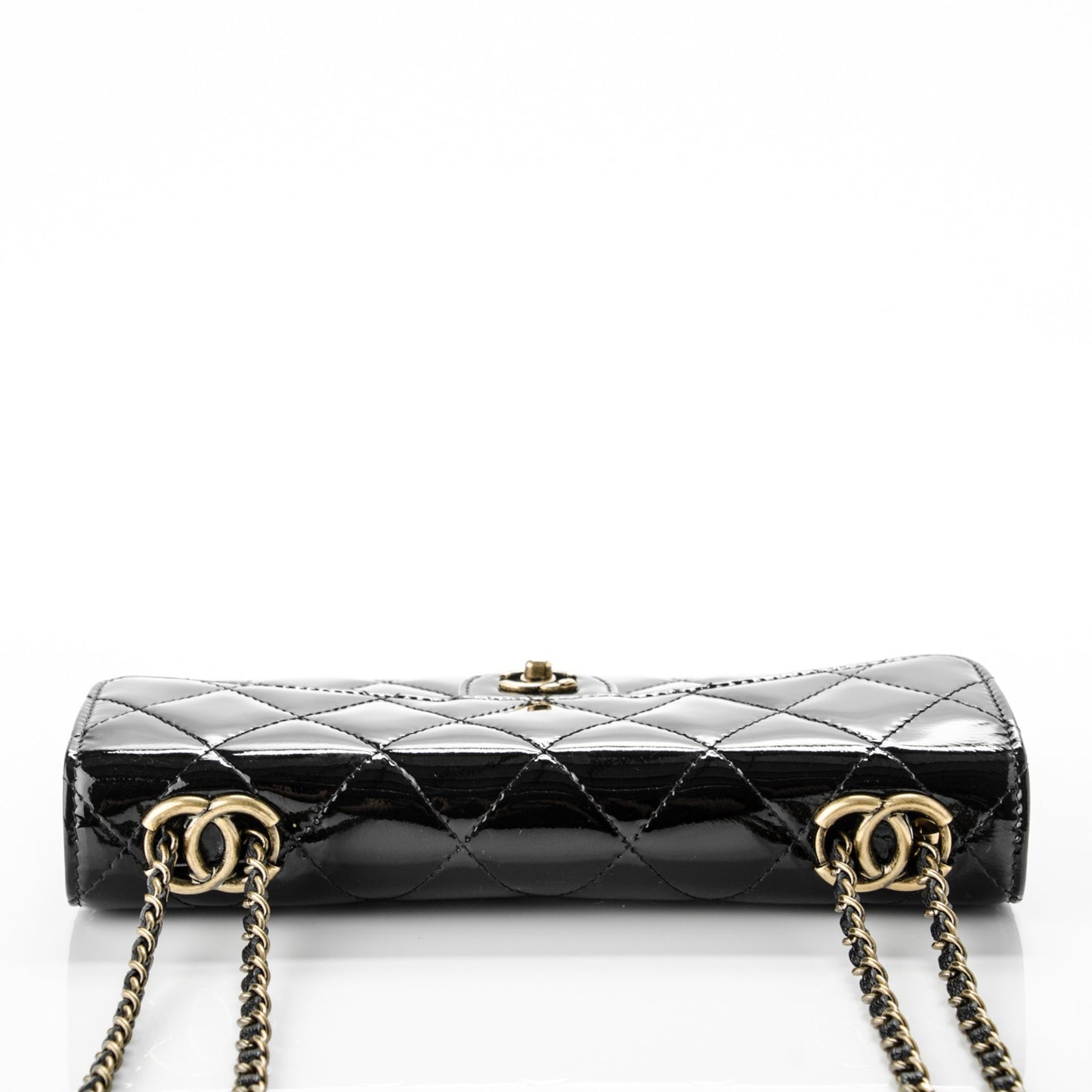 Patent Goatskin Quilted Small CC Eyelet Wallet On Chain WOC Black